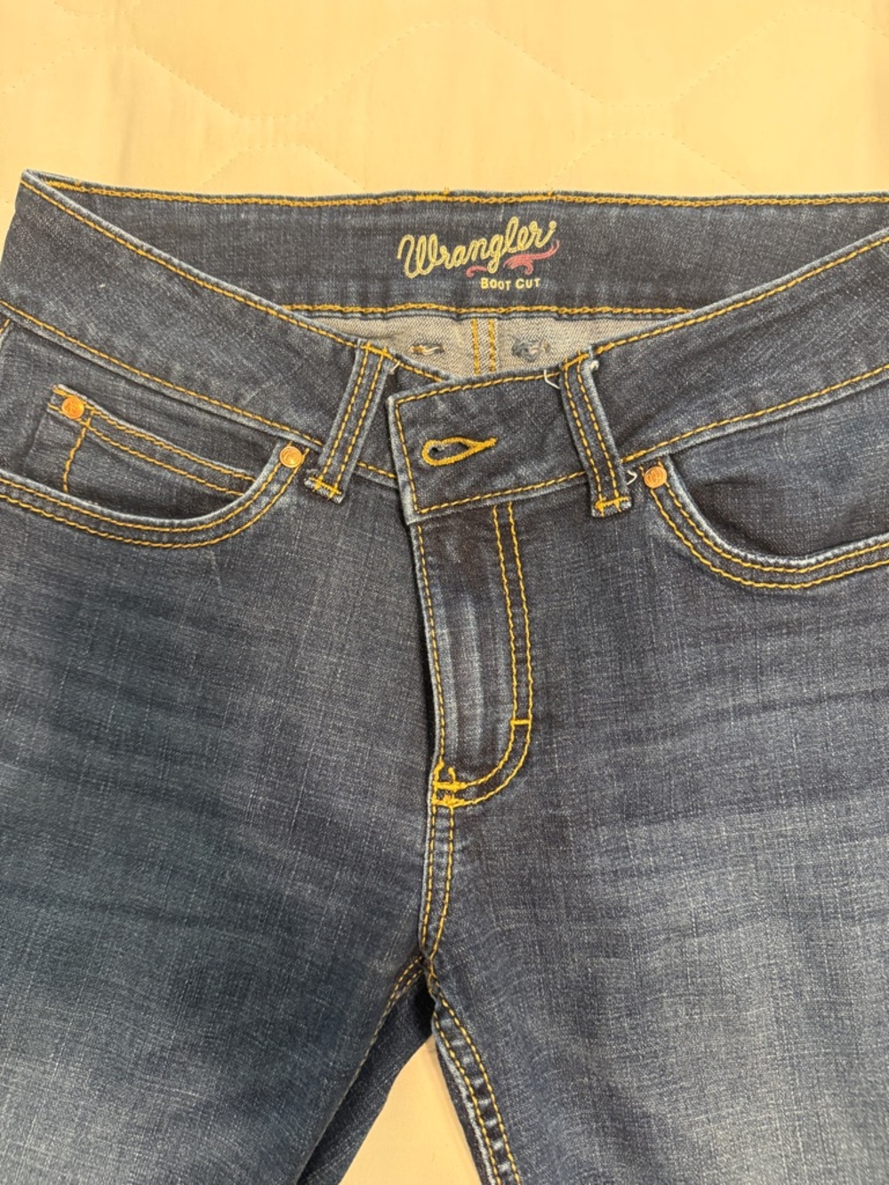 Wrangler Women’s Dark Blue Boot Cut Jeans with Yellow Stitching